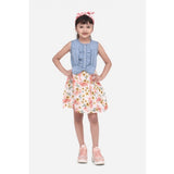 Multicolor denim-cotton floral printed sleeveless round neck dress for girls, above knee length on mannequin