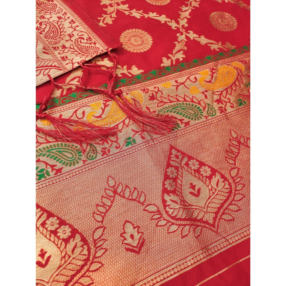 Red Banarasi silk printed unstitched salwar suit with dupatta (3m)