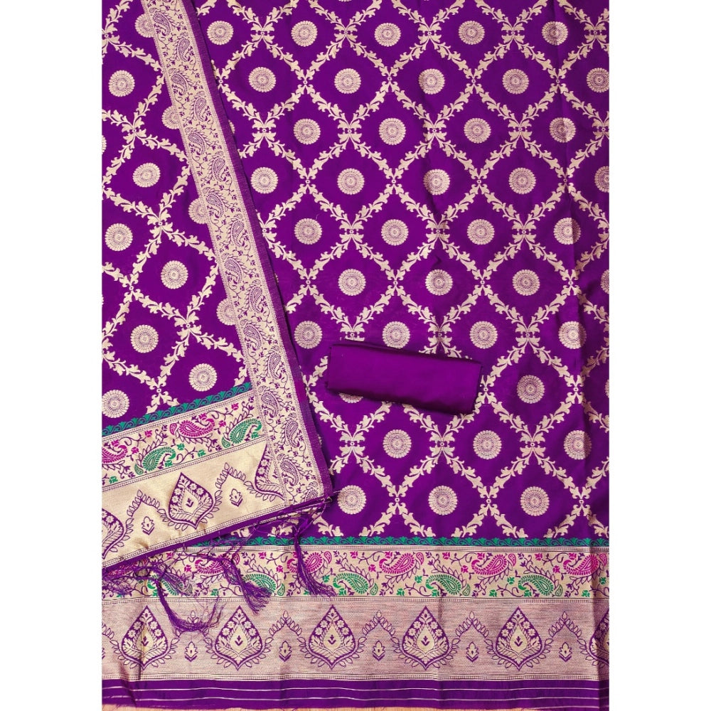 Purple Banarasi silk printed unstitched salwar suit with dupatta (3m) - luxurious eastern wear for women, vibrant detailing