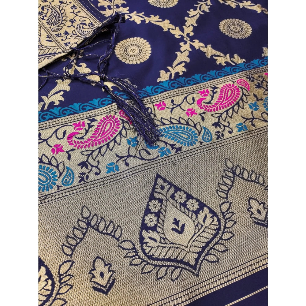 Navy Blue Banarasi Silk Printed Unstitched Salwar Suit with Dupatta (3m)