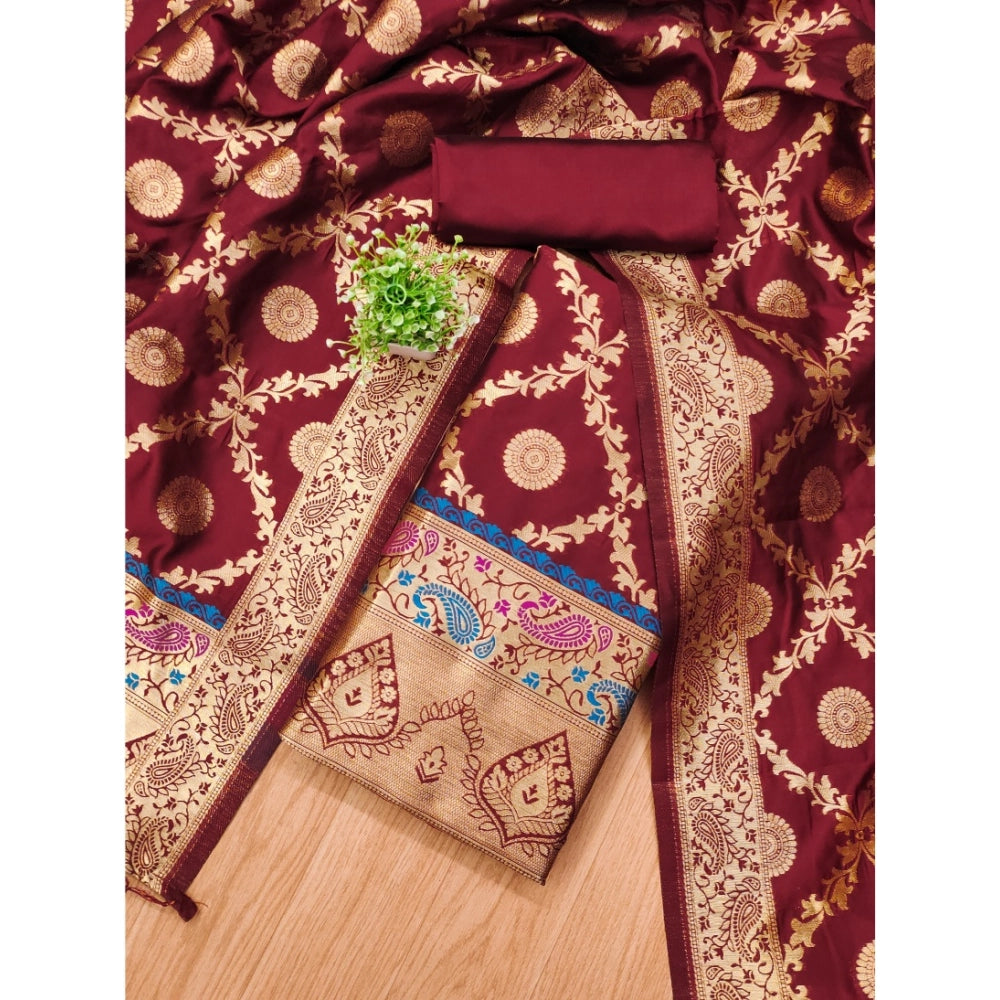 Maroon Banarasi Silk printed unstitched salwar suit with dupatta (3m)
