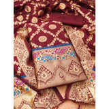 Maroon Banarasi silk printed unstitched salwar suit with dupatta (3mtrs)