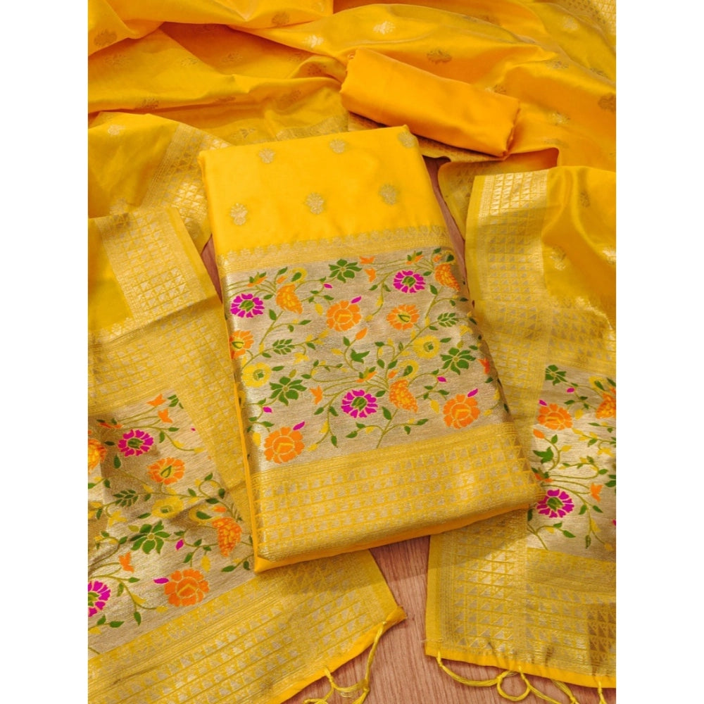 Yellow Banarasi silk printed unstitched salwar suit with dupatta (3m)