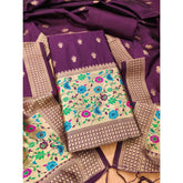Wine Banarasi silk printed unstitched salwar suit with dupatta (3m), luxury Indian bridal wear
