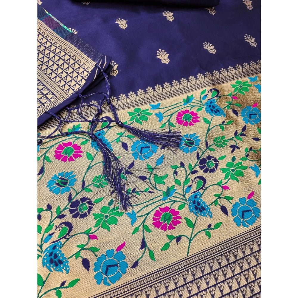 Navy Blue Banarasi Silk Printed Unstitched Salwar Suit with dupatta (3m) on mannequin