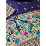 Navy Blue Banarasi Silk Printed Unstitched Salwar Suit with dupatta (3m) on mannequin