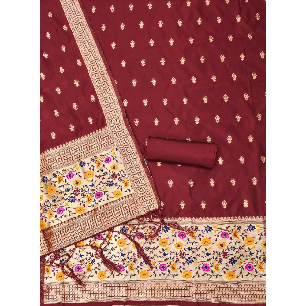 Maroon Banarasi silk printed unstitched salwar suit with dupatta (3m)