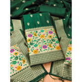 Bottle green Banarasi silk printed unstitched salwar suit with dupatta (3m, 2.5m bottom, 2.3m dupatta)