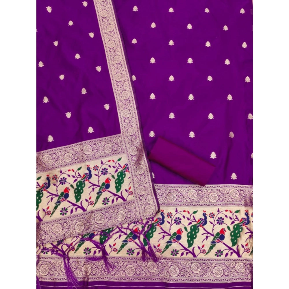 Purple Banarasi silk printed unstitched salwar suit with dupatta (3m)