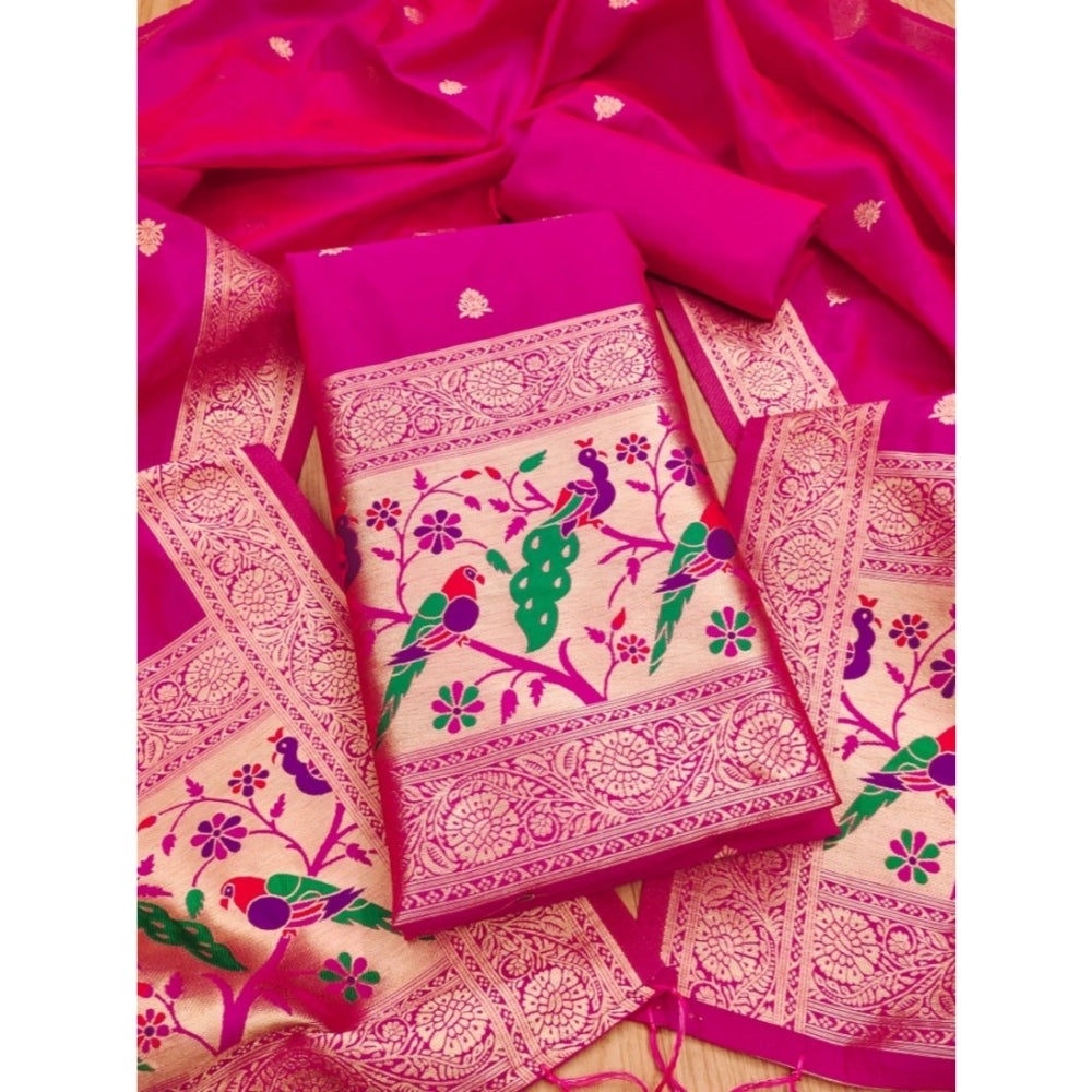 Pink Banarasi Silk printed unstitched salwar suit with dupatta (3m) on model
