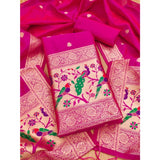 Pink Banarasi Silk printed unstitched salwar suit with dupatta (3m), on model for visual context