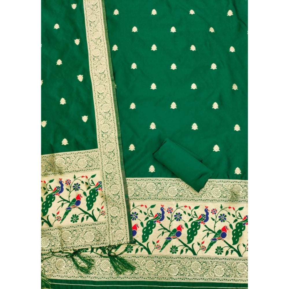 Bottle green Banarasi silk printed unstitched salwar suit with dupatta (3m, 2.5m bottom, 2.3m dupatta)
