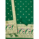 Bottle green Banarasi silk printed unstitched salwar suit with dupatta (3m, 2.5m bottom, 2.3m dupatta)