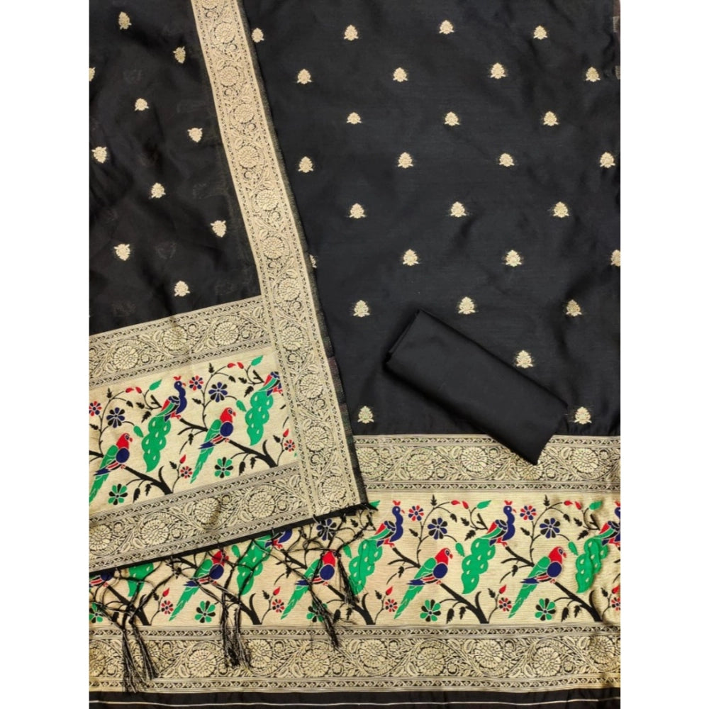 Black Banarasi silk printed unstitched salwar suit with dupatta (3m)