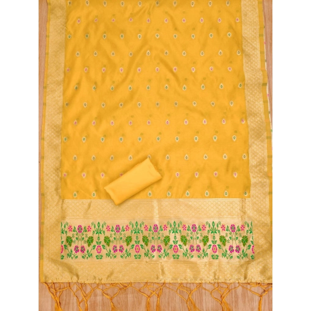 Yellow Banarasi silk printed unstitched salwar suit with dupatta (3m)