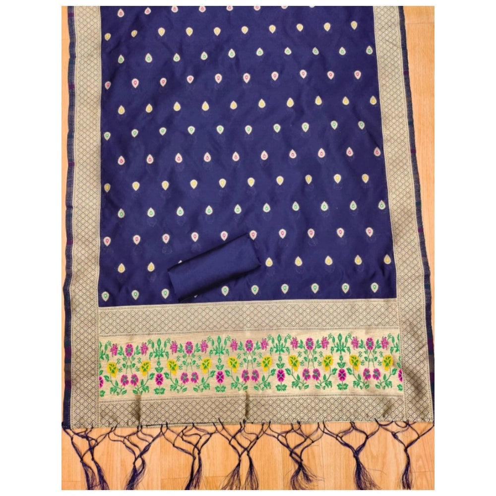 Navy Blue Banarasi Silk Printed Unstitched Salwar Suit with Dupatta (3m)