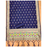 Navy Blue Banarasi Silk printed unstitched salwar suit with dupatta (3m) on model