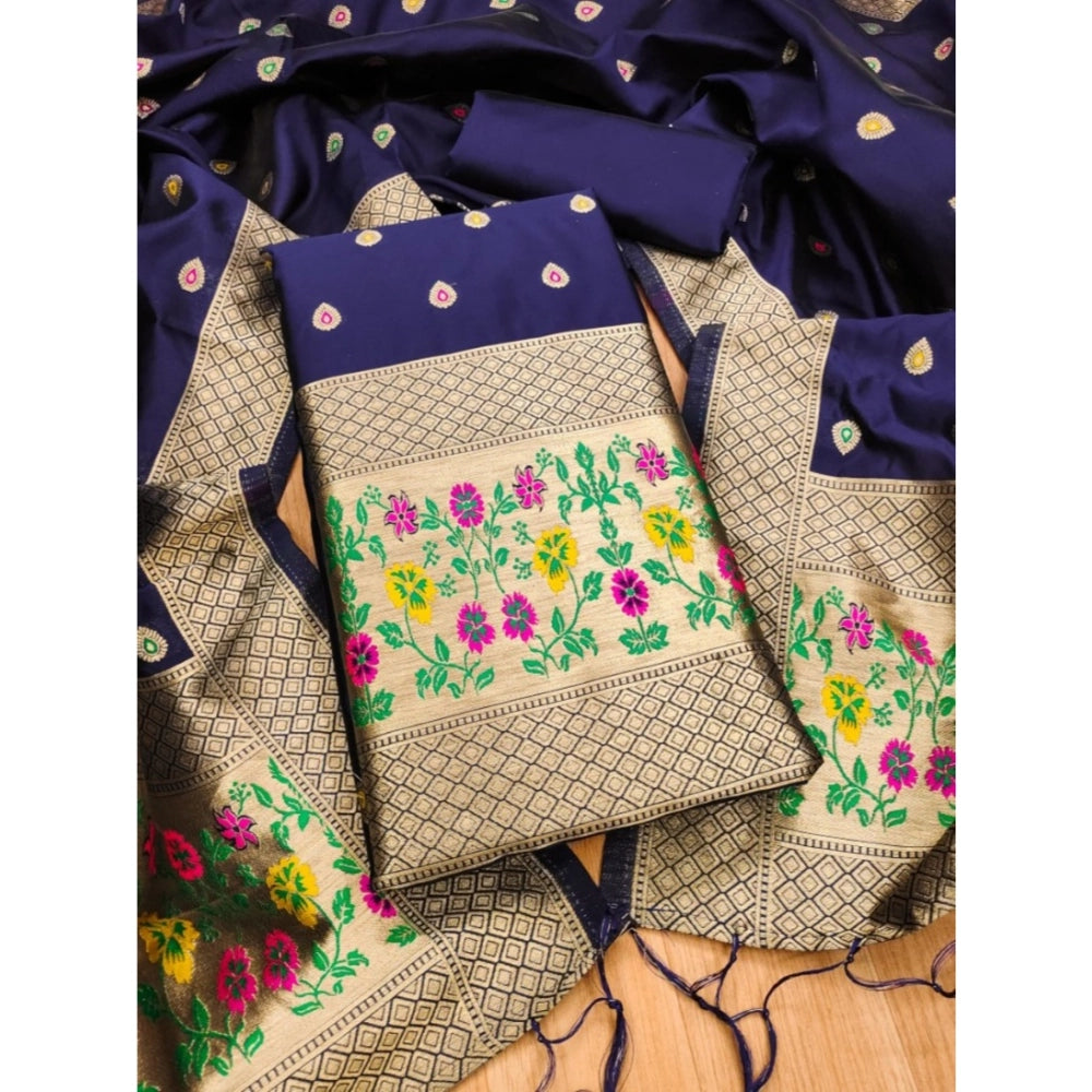 Navy Blue Banarasi Silk Printed Unstitched Salwar Suit with Dupatta (3m length)