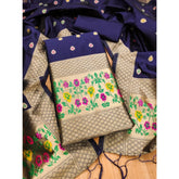 Navy blue Banarasi silk printed unstitched salwar suit & dupatta (3m), ideal for Indian women's fashion