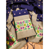 Navy Blue Banarasi Silk Printed Unstitched Salwar Suit & Dupatta (3Mts) - Authentic Indian bridal wear on mannequin