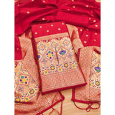 Red Banarasi silk printed unstitched salwar suit with dupatta (3m)
