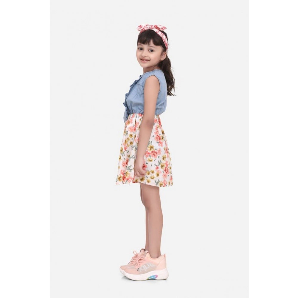 Multicolor denim-cotton floral printed sleeveless round neck dress for girls, casual summer outfit