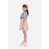 Multicolor denim-cotton floral printed sleeveless round neck dress for girls, casual summer outfit