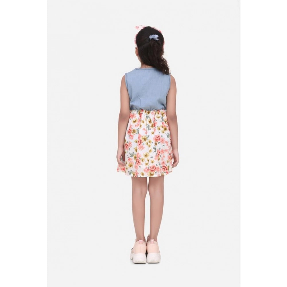 Multicolor denim-cotton floral print sleeveless round neck dress for girls, vibrant flower patterns on casual attire