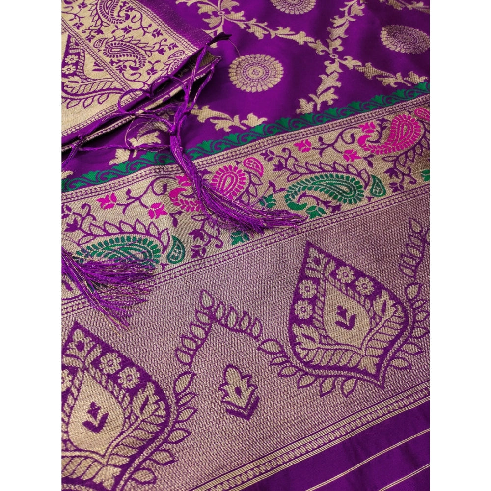 Purple Banarasi silk printed unstitched salwar suit with dupatta (3mtrs total)