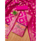 Pink Banarasi Silk printed unstitched salwar suit with dupatta (3m) on model, traditional Indian attire for women's fashion events