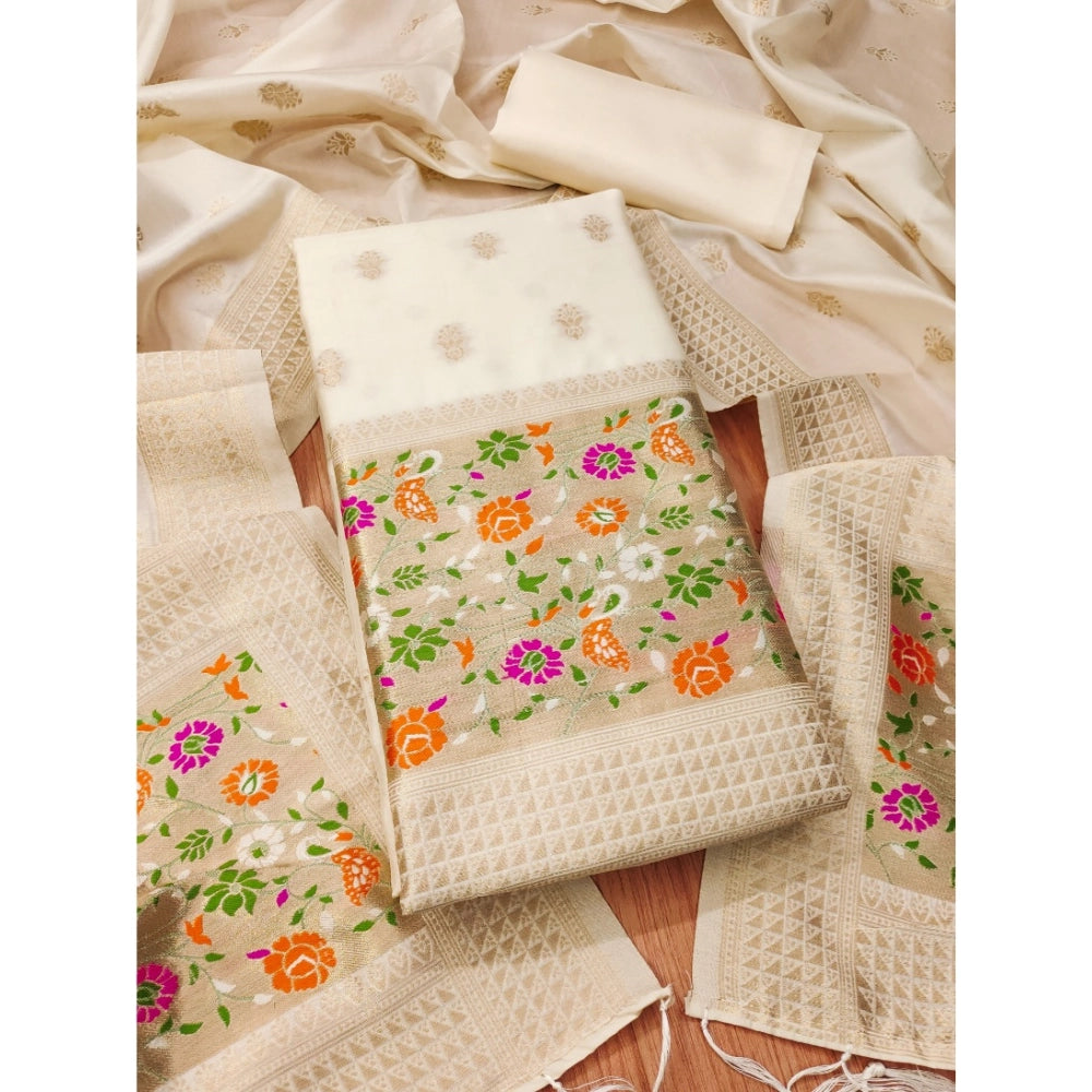 White Banarasi Silk printed unstitched salwar suit set with dupatta (3m)