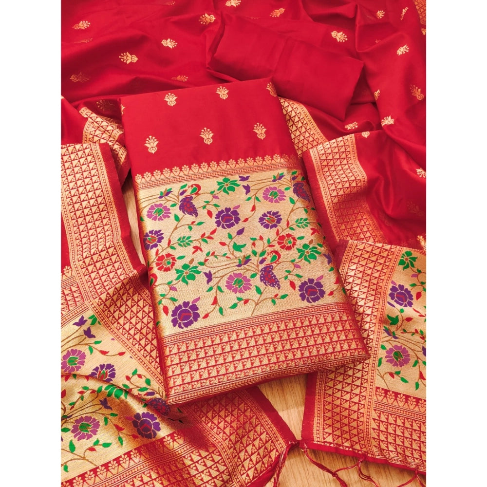 Red Banarasi silk unstitched salwar suit (3m) with printed dupatta - luxury Indian fashion