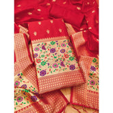 Red Banarasi silk printed unstitched salwar suit with dupatta (3m)