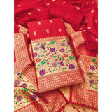 Red Banarasi silk unstitched salwar suit (3m) with printed dupatta - luxury Indian fashion