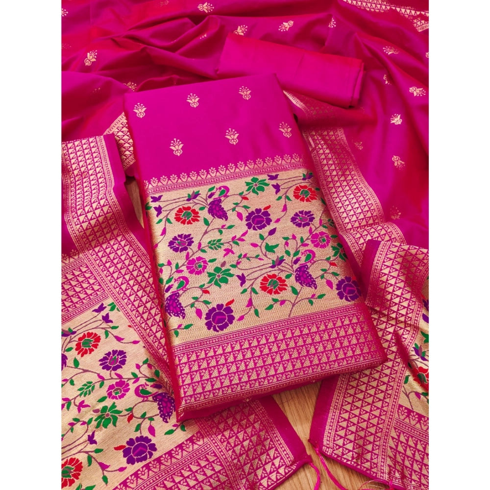Pink Banarasi Silk printed unstitched salwar suit with dupatta (3mtrs), high-quality traditional Indian women's wear on mannequin