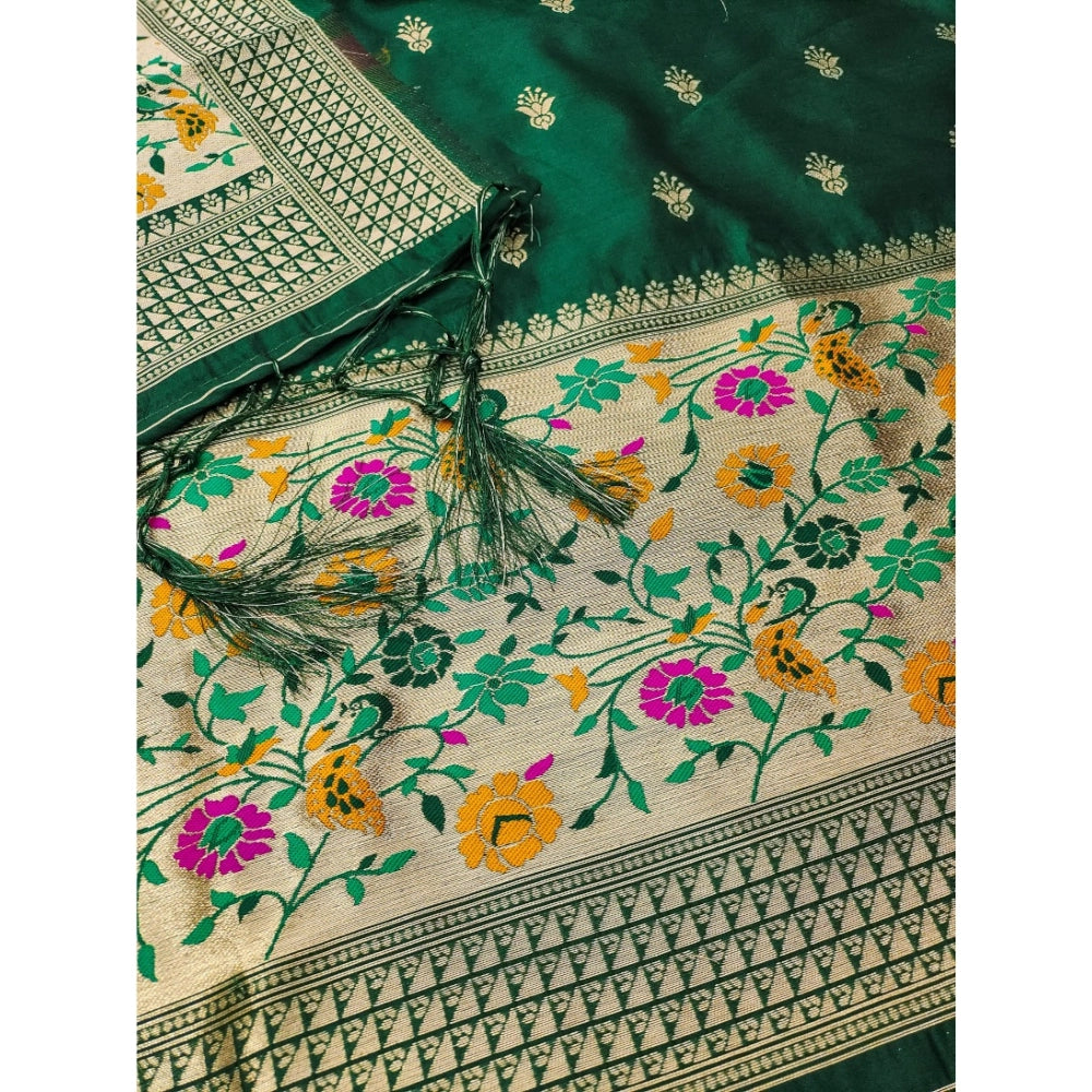 Bottle green Banarasi silk printed unstitched salwar suit with dupatta (3m), perfect for traditional Indian wear