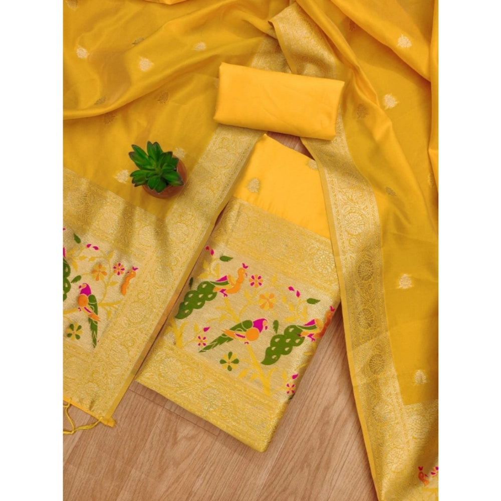 Yellow Banarasi Silk printed unstitched salwar suit with dupatta (3m) on mannequin
