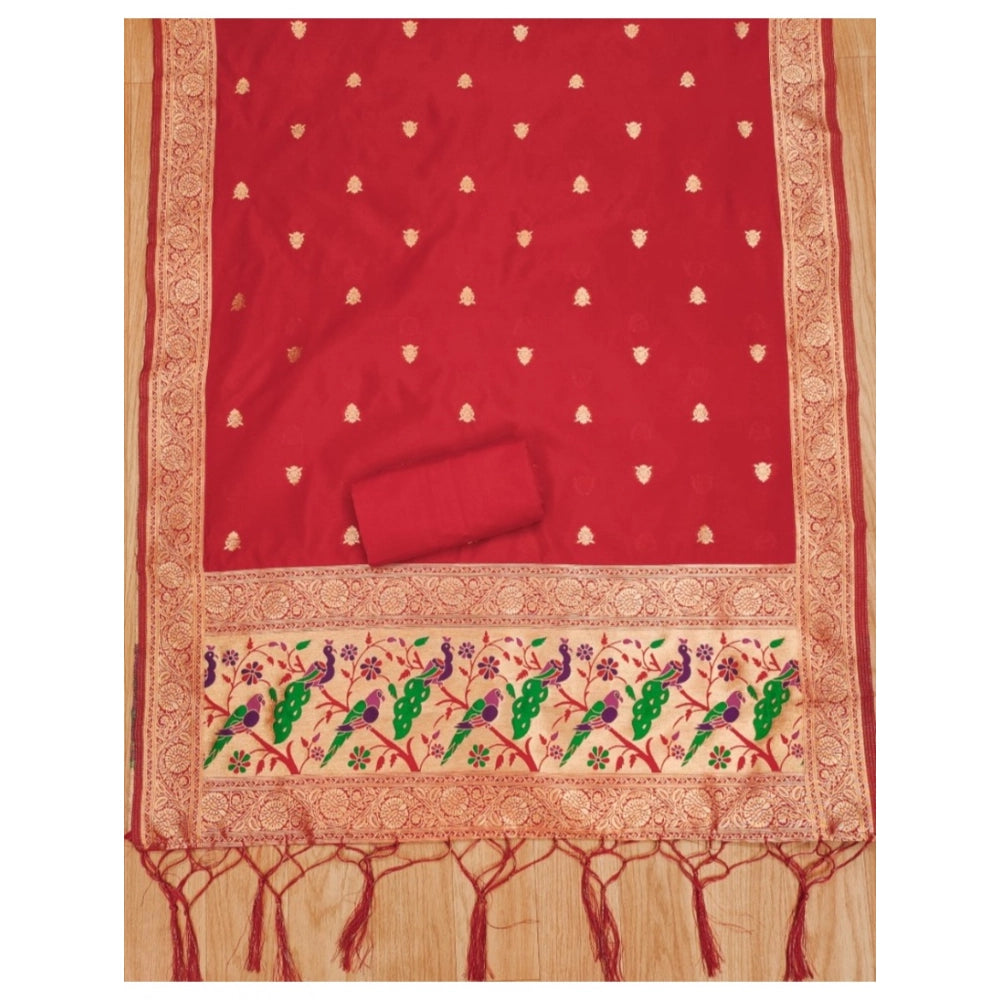 Red Banarasi silk printed unstitched salwar suit (3m) with matching dupatta