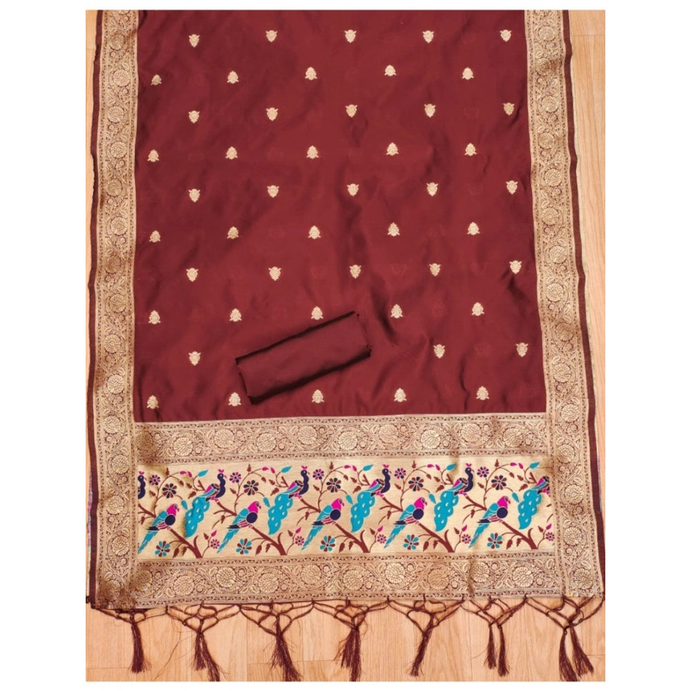 Maroon Banarasi silk printed unstitched salwar suit with dupatta (3m)