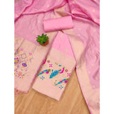 Light pink Banarasi silk printed unstitched salwar suit with dupatta (3m) on mannequin