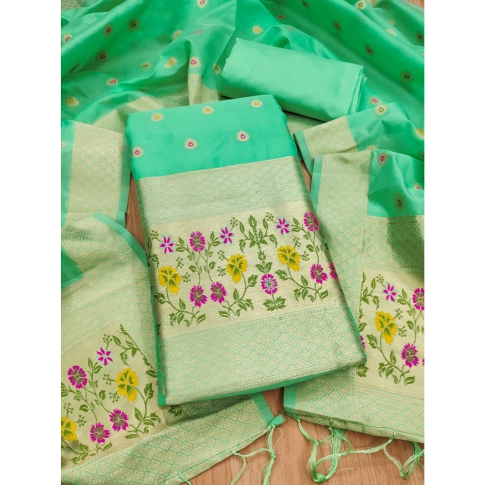 Sea Green Banarasi Silk Printed Unstitched Salwar Suit with Dupatta, 3M long top, 2.5M bottom, 2.3M dupatta