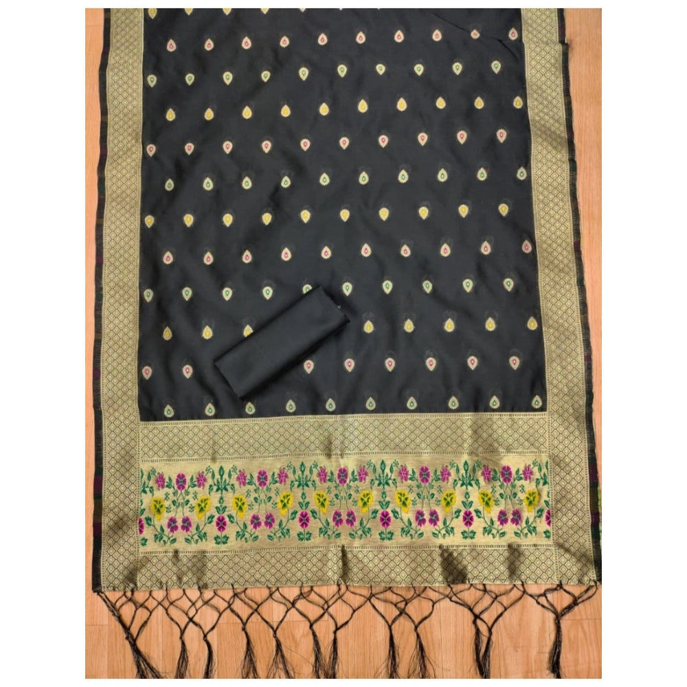 Black Banarasi silk printed unstitched salwar suit set (3m) with matching dupatta, traditional Indian women's wear on display