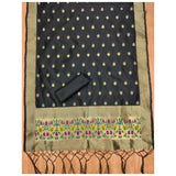 Black Banarasi silk printed unstitched salwar suit set (3m) with matching dupatta, traditional Indian women's wear on display