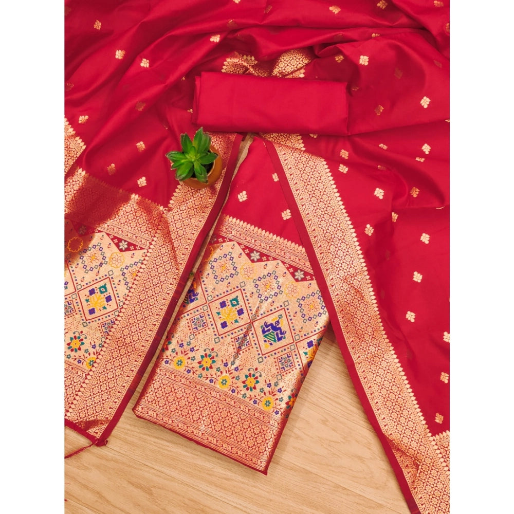 Red Banarasi Silk printed unstitched salwar suit set with dupatta (3m), traditional Indian women's wear