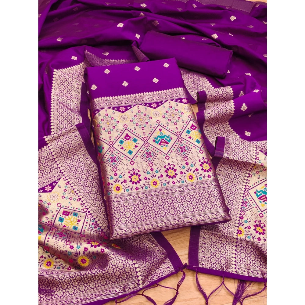 Purple Banarasi Silk printed unstitched salwar suit with dupatta (3m) - Women's traditional Indian fashion piece on mannequin