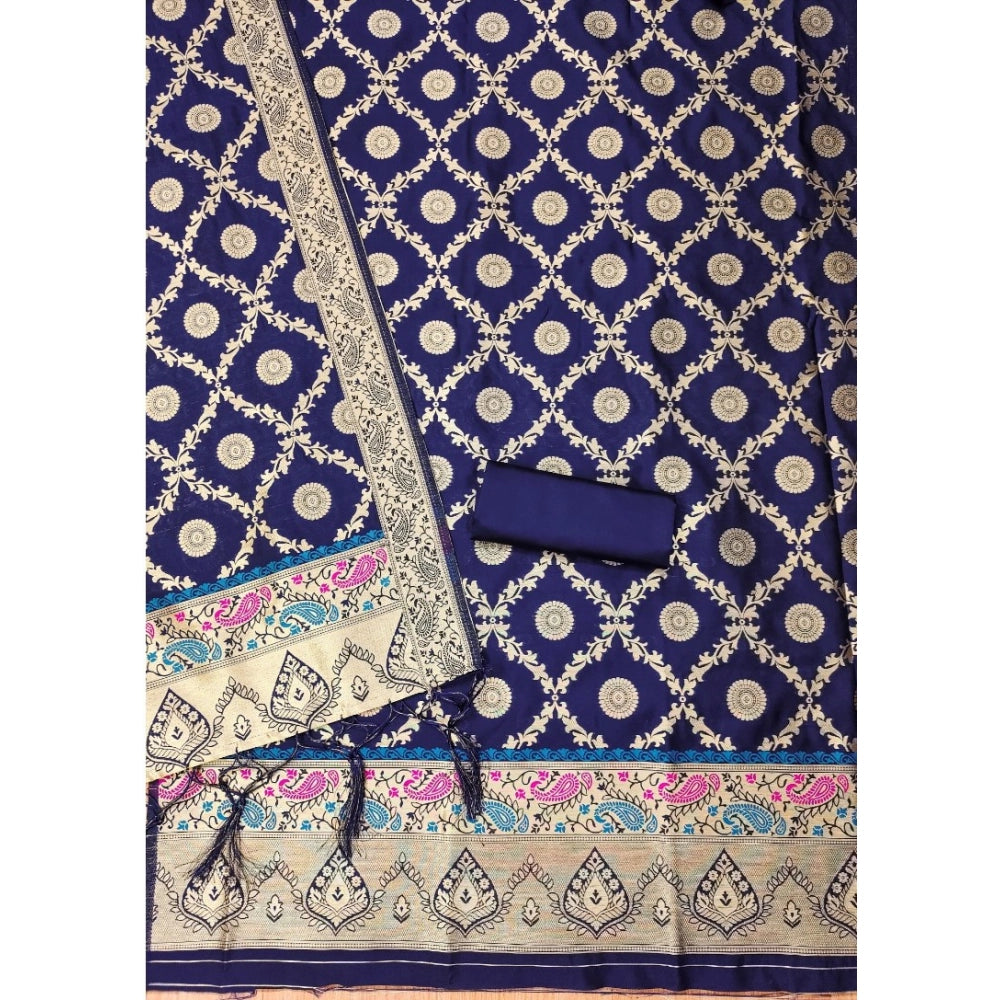 Navy Blue Banarasi Silk Printed Unstitched Salwar Suit with Dupatta (3m) - Indian women's fashion, traditional attire on display