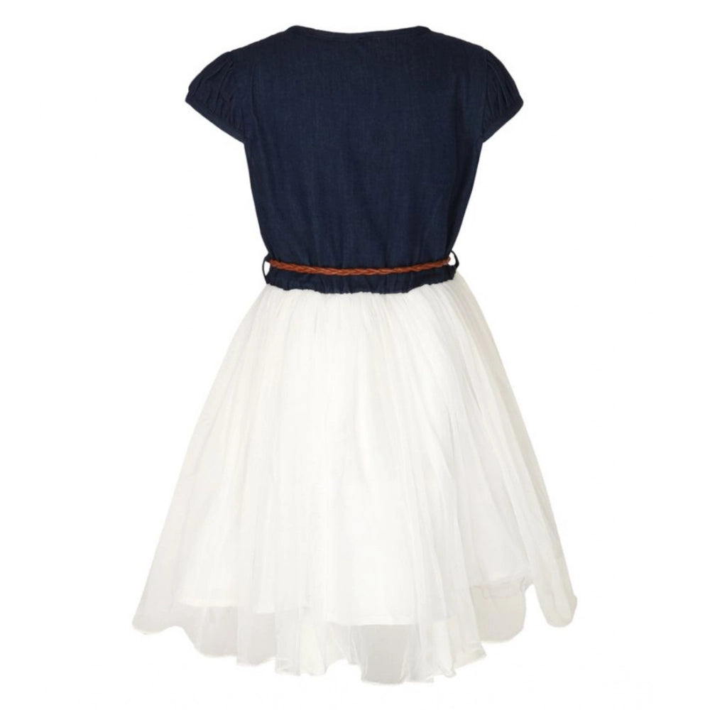 White denim embroidery round neck dress for girls with short sleeves