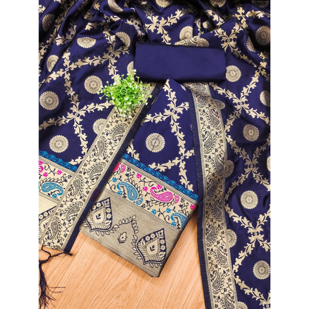 Navy Blue Banarasi Silk Printed Unstitched Salwar Suit Set with dupatta (3m) on mannequin