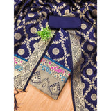 Navy Blue Banarasi Silk Printed Unstitched Salwar Suit Set with dupatta (3m) on mannequin