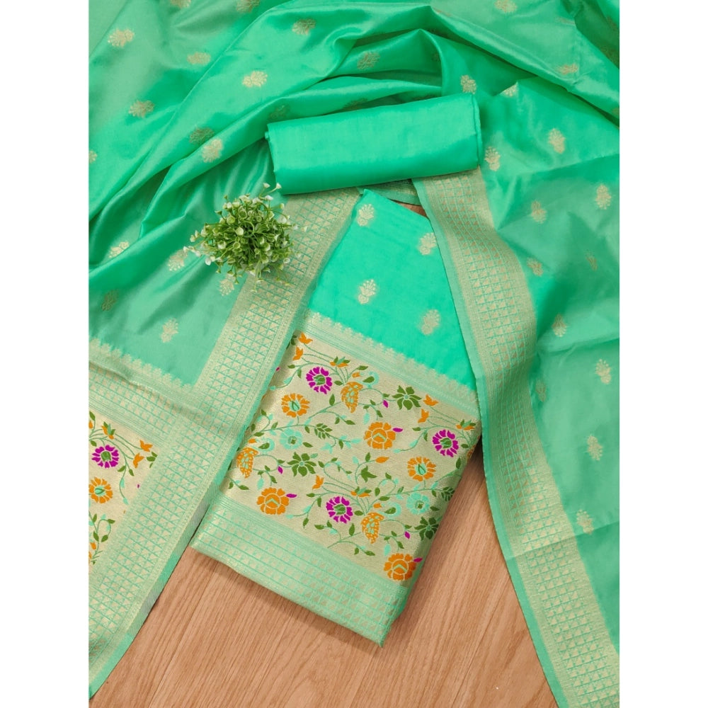 Sea Green Banarasi Silk Printed Unstitched Salwar Suit with dupatta (3m) - elegant Indian attire for women, showcasing intricate design details